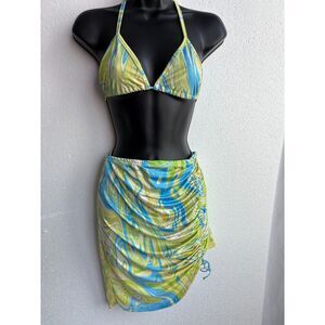 Black Bead Hottie Three Piece Bikini Set Blue Green Tye Dye Size S Pool Beachy
